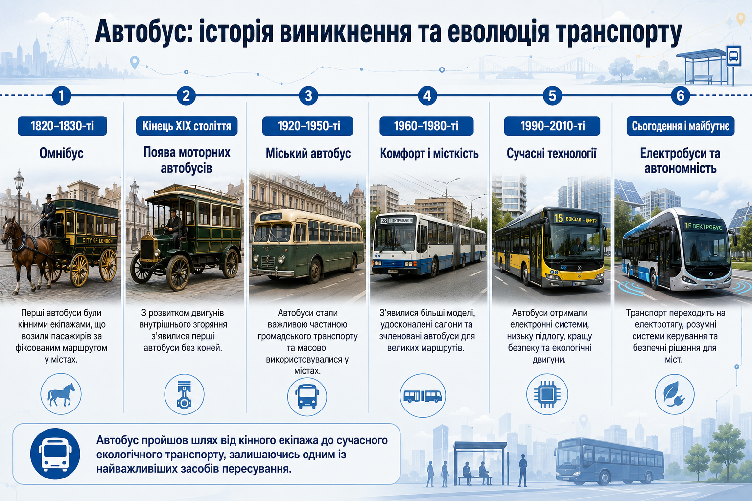 Інфографіка про розвиток автобусів від кінного омнібуса до сучасного електробуса