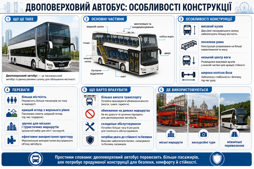 Інфографіка про будову, переваги та особливості експлуатації двоповерхового автобуса