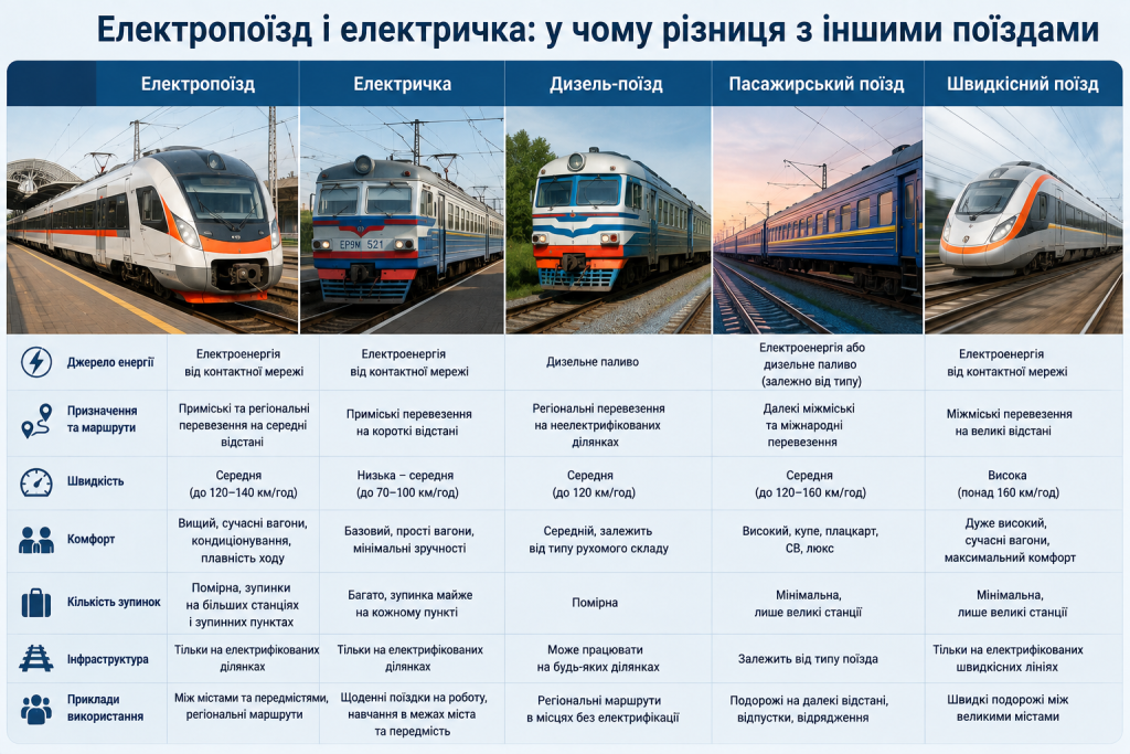 Порівняння електропоїзда, електрички, дизель-поїзда, пасажирського та швидкісного поїзда