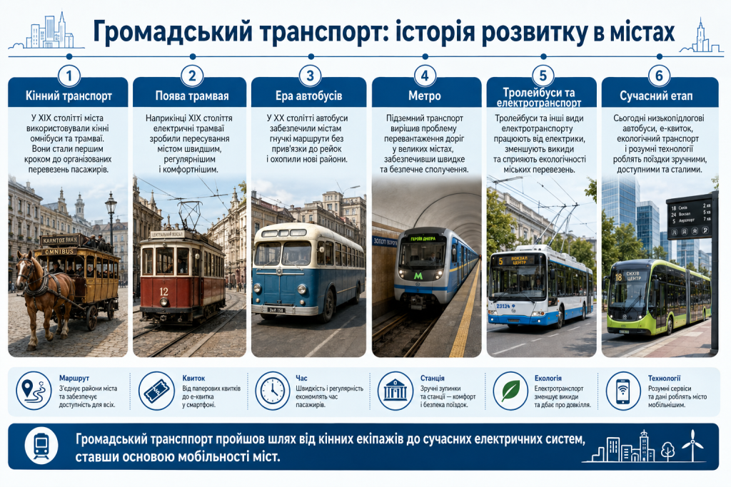 Етапи розвитку громадського транспорту від кінних омнібусів і трамваїв до метро та електробусів