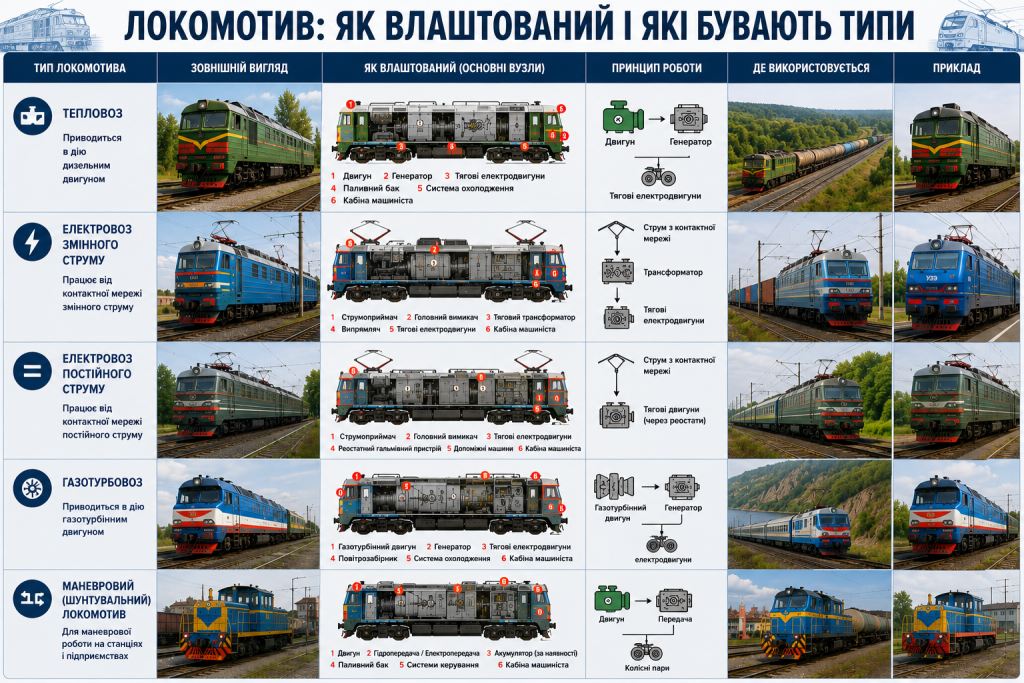 Інфографіка про будову, принцип роботи та види тепловозів і електровозів