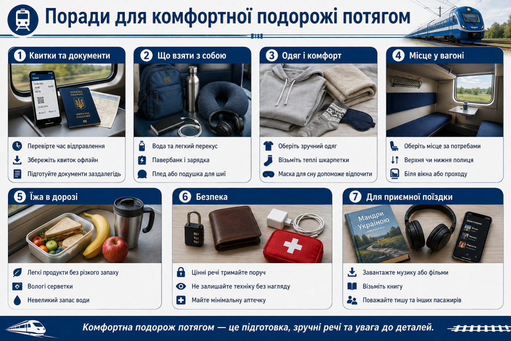Інфографіка з порадами щодо квитків, речей, харчування, безпеки та вибору місця в потязі