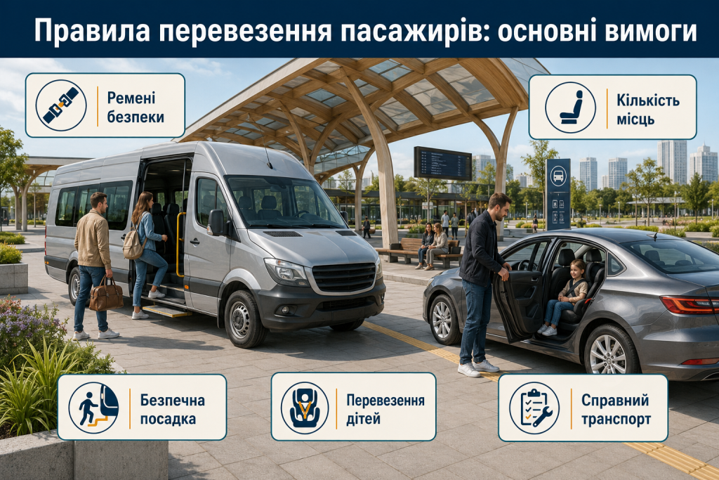 Інфографіка про правила перевезення пасажирів, ремені безпеки, кількість місць, посадку, перевезення дітей і справність транспорту
