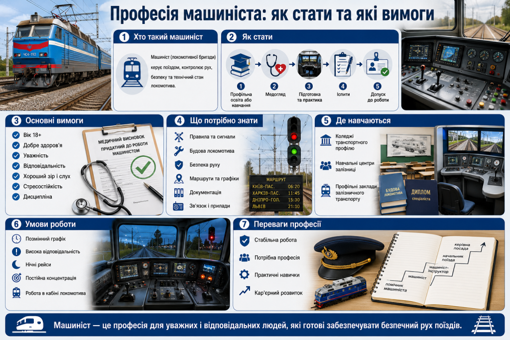 Інфографіка про професію машиніста, вимоги, навчання, умови роботи та кар’єрний розвиток