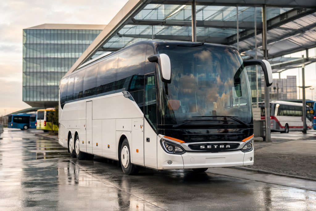 Сучасний туристичний автобус Setra стоїть на території великого автовокзалу перед відправленням у рейс