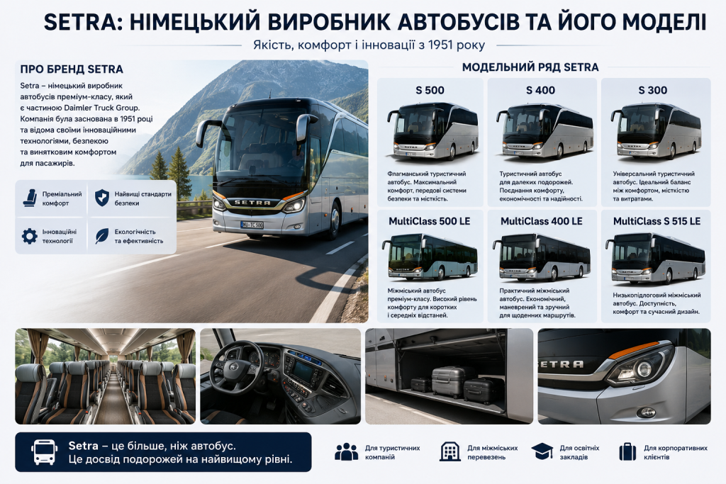 Інфографіка про німецькі автобуси Setra, модельний ряд S 500, S 400, S 300 та міжміські моделі MultiClass