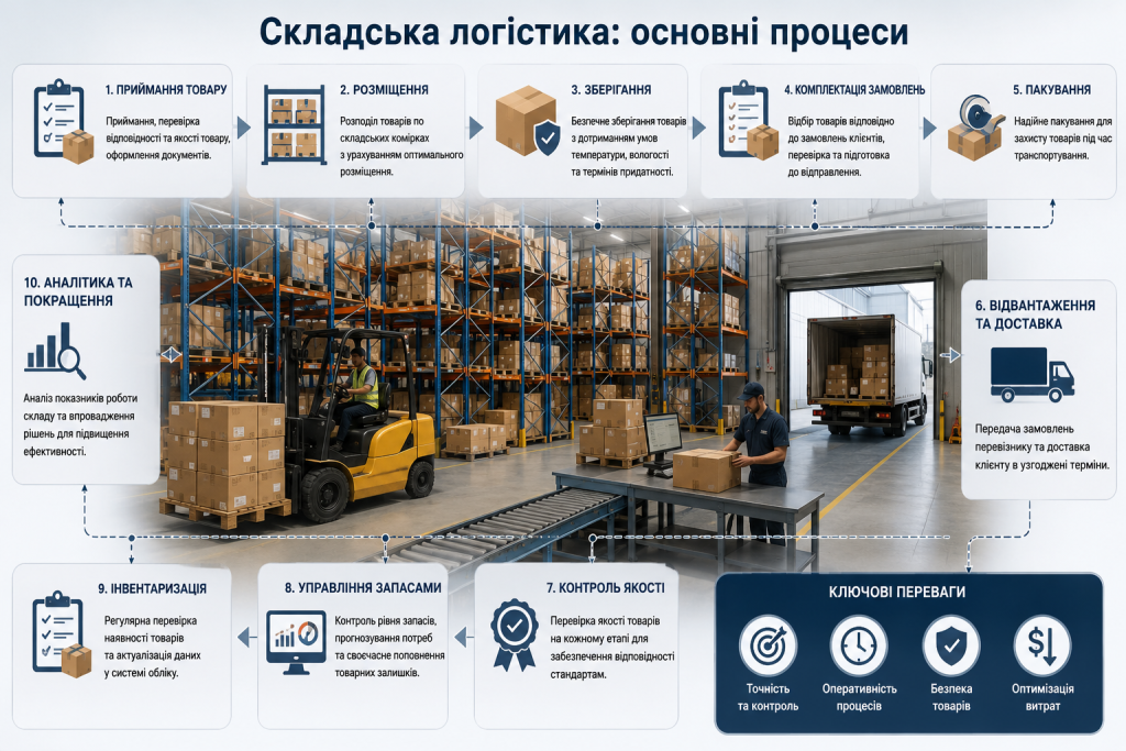 Схема процесів складської логістики від приймання і зберігання товарів до пакування та доставки