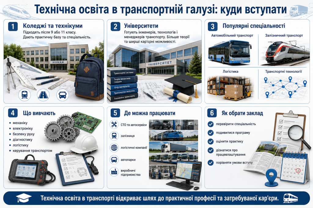 Інфографіка про заклади освіти, спеціальності та професії у транспортній галузі