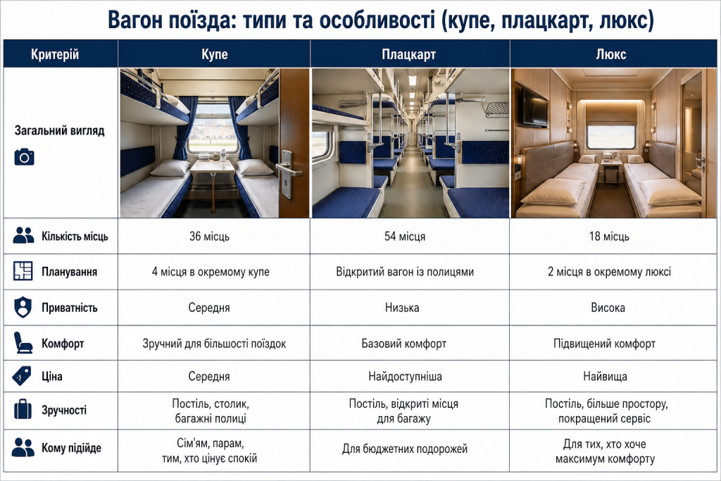 Порівняння вагонів купе, плацкарт і люкс за комфортом, приватністю, ціною та кількістю місць