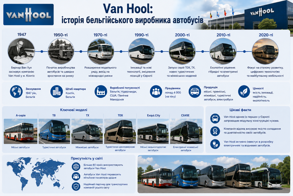 Історія компанії Van Hool, розвиток виробництва та основні моделі міських і туристичних автобусів