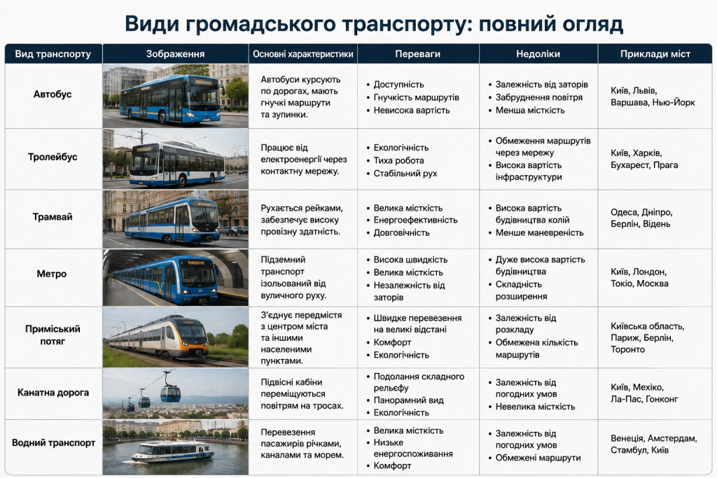 Порівняльна таблиця автобусів, тролейбусів, трамваїв, метро, поїздів і водного транспорту