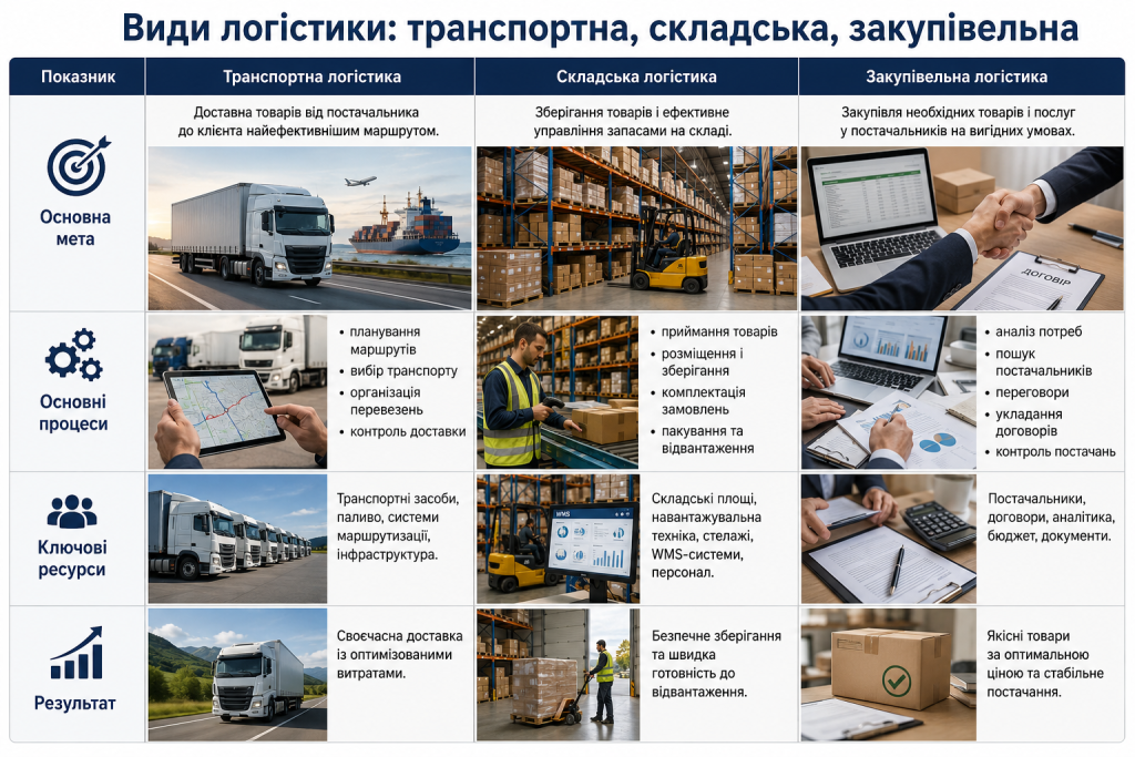 Порівняльна таблиця транспортної, складської та закупівельної логістики за процесами й результатами