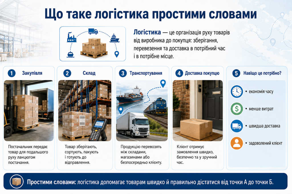 Інфографіка про етапи логістики від закупівлі й зберігання товару до перевезення та доставки