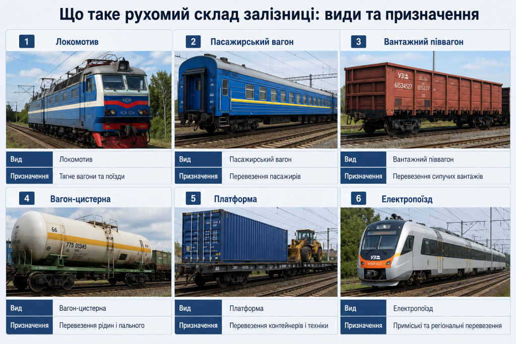 Інфографіка про види рухомого складу залізниці: локомотиви, пасажирські та вантажні вагони