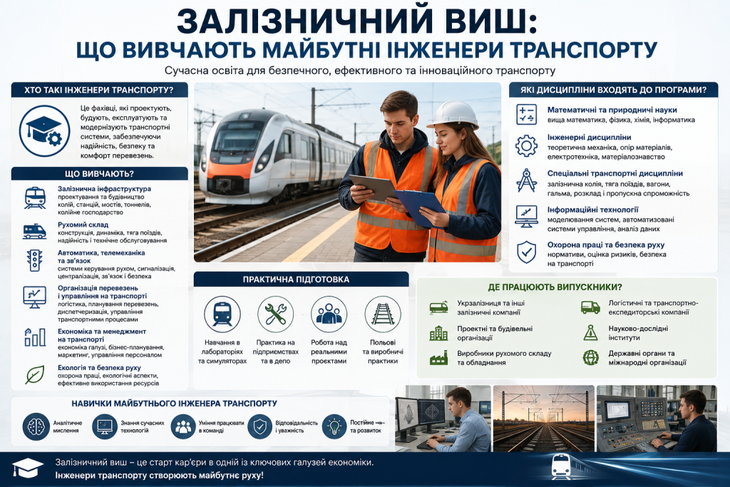 Інфографіка про спеціальності, дисципліни та практичну підготовку студентів залізничного університету