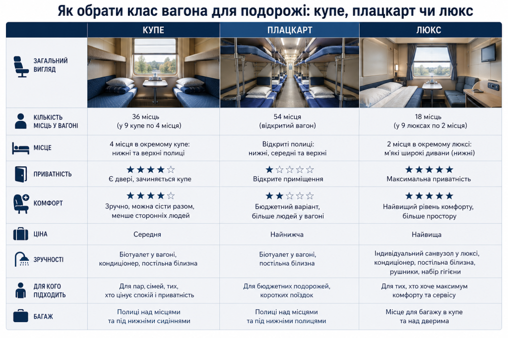 Порівняльна таблиця класів залізничних вагонів за комфортом, приватністю, ціною та зручностями