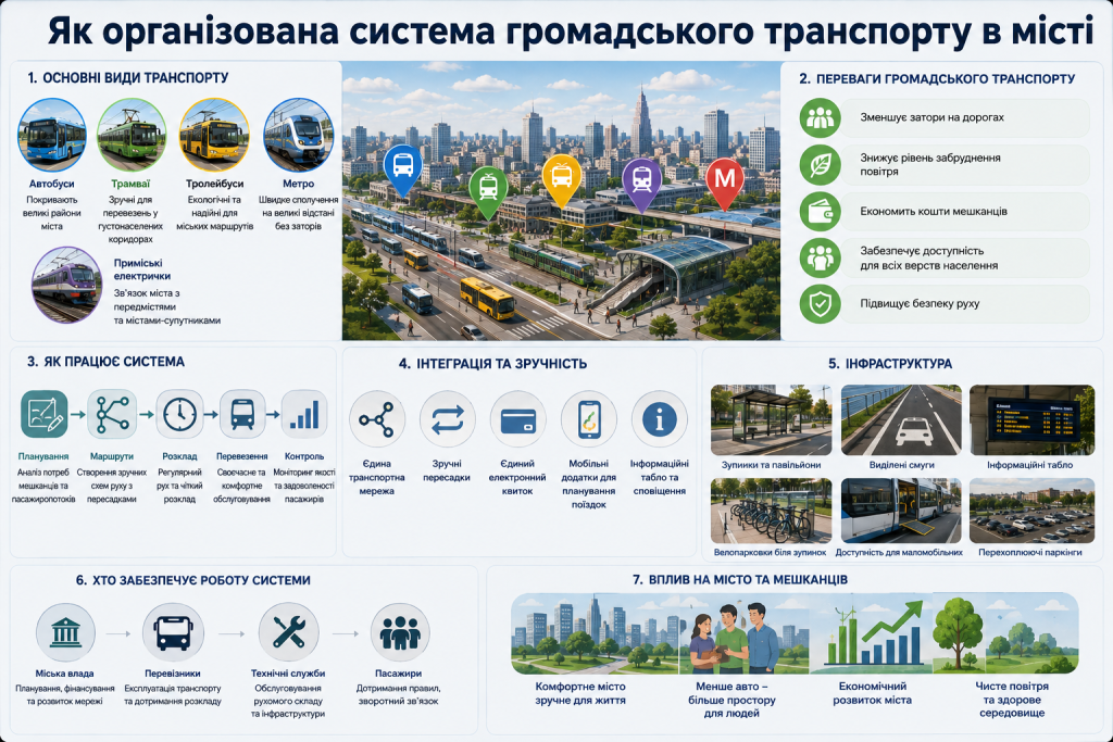 Схема організації міського громадського транспорту, маршрутів, розкладу, інфраструктури та перевізників