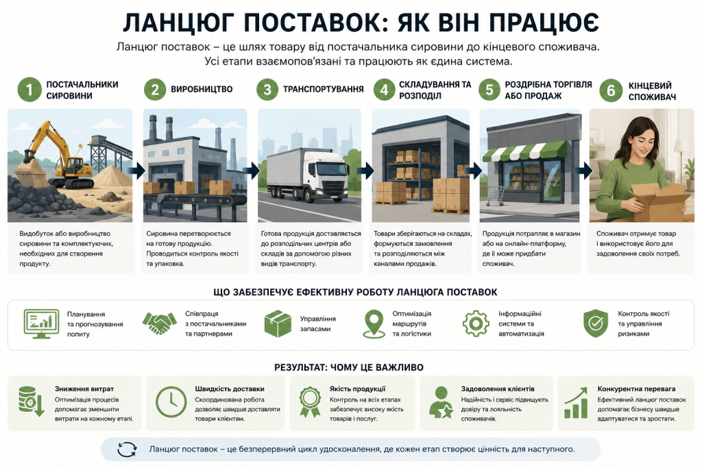 Інфографіка про етапи ланцюга постачання від закупівлі сировини й виробництва до складу, доставки та покупця