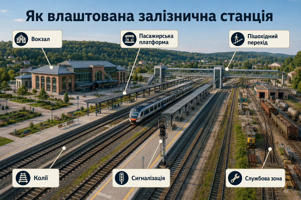 Інфографіка зі структурою залізничної станції, вокзалом, платформами, коліями, сигналізацією та службовою зоною