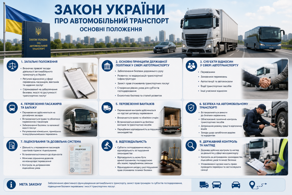 Інфографіка про основні положення Закону України щодо автомобільного транспорту та перевезень