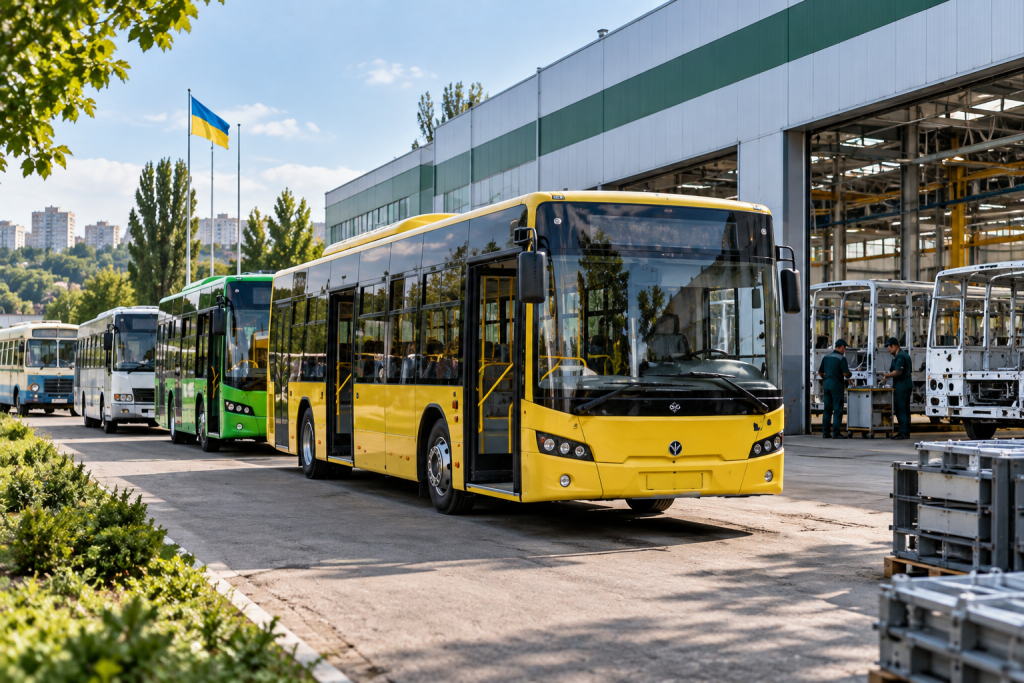 Українські автобуси різних поколінь біля автобусного заводу, що ілюструють розвиток виробництва та модельного ряду Богдан