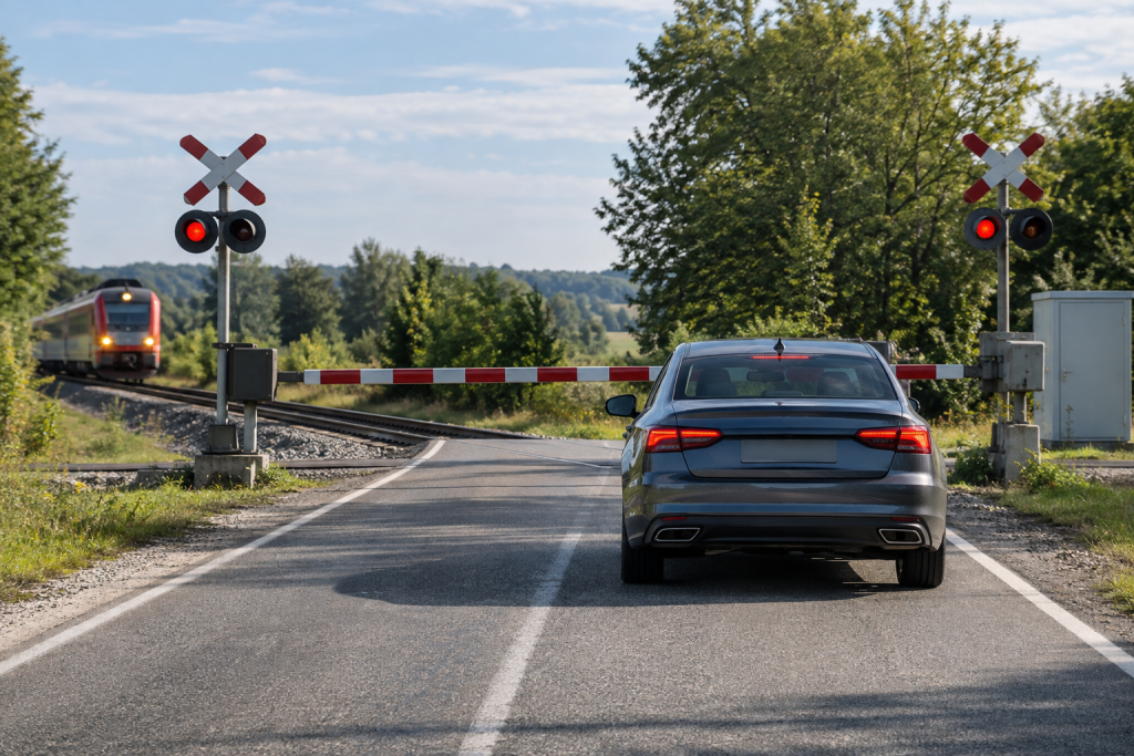 Автомобіль зупинився перед опущеним шлагбаумом і червоним сигналом залізничного переїзду під час наближення поїзда.