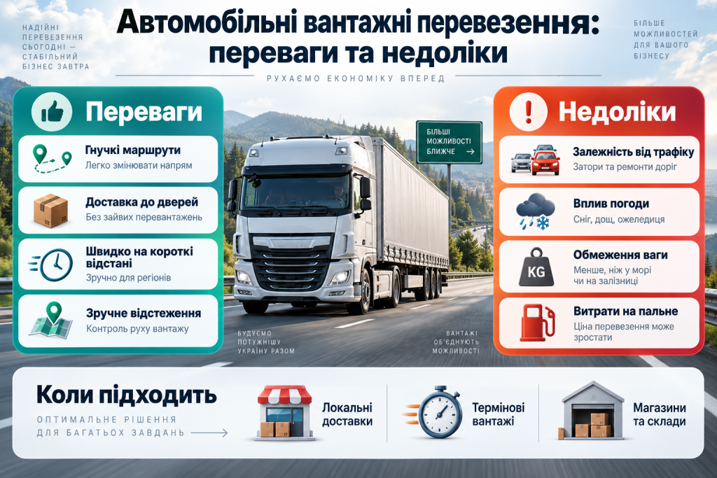 Інфографіка про переваги й недоліки автомобільних вантажних перевезень, гнучкість маршрутів, швидкість доставки, витрати та обмеження.
