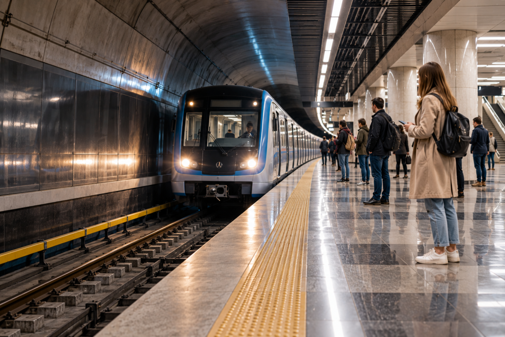 Сучасний поїзд метрополітену прибуває на підземну станцію, де пасажири очікують посадки на просторій платформі з освітленням та тактильною смугою.