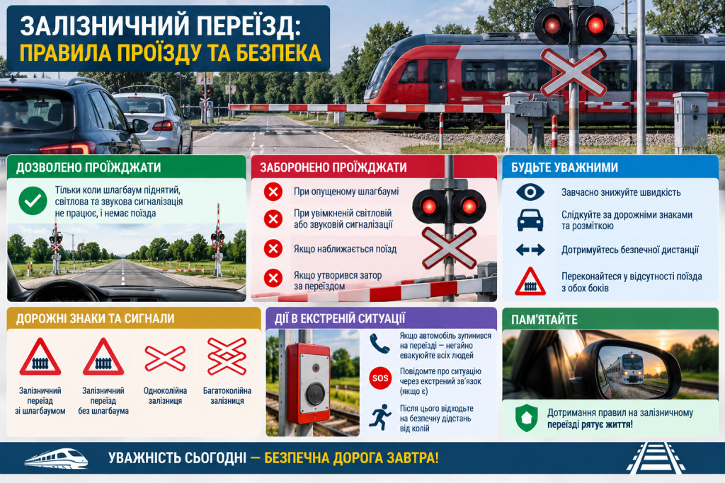 Інфографіка про правила проїзду залізничного переїзду, сигнали, дорожні знаки та безпечні дії водія.