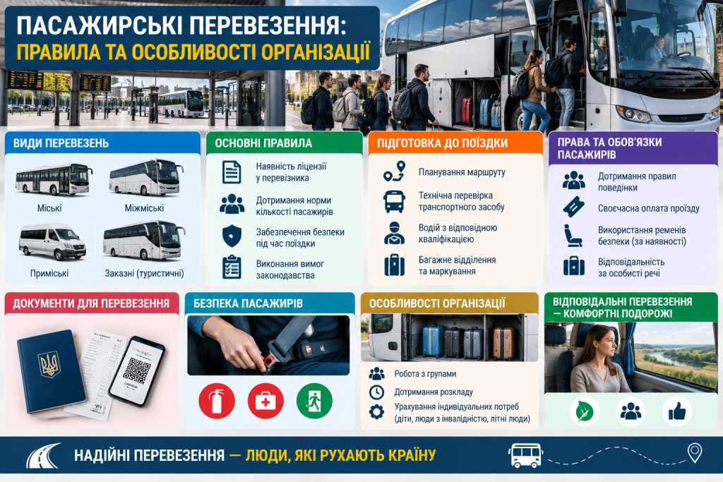 Інфографіка про пасажирські перевезення, види транспорту, правила безпеки, документи, права пасажирів і підготовку до поїздки.