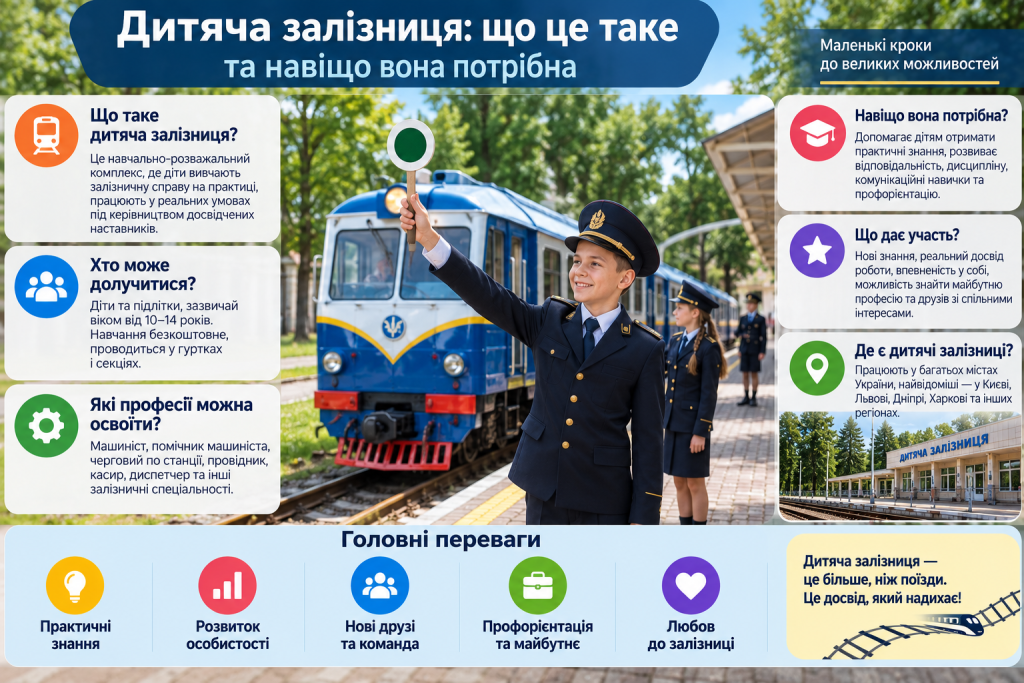 Інфографіка про дитячу залізницю, навчання школярів залізничним професіям, практичні навички та переваги участі
