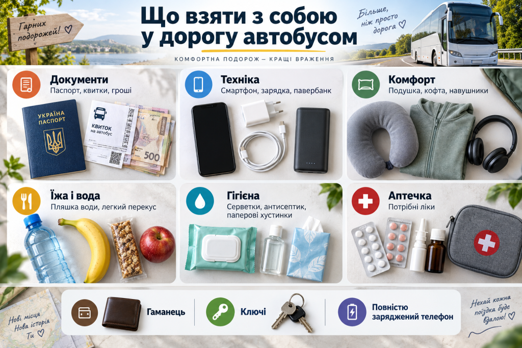 Інфографіка зі списком речей для автобусної подорожі: документи, смартфон, зарядка, вода, перекус, засоби гігієни, аптечка та подушка.