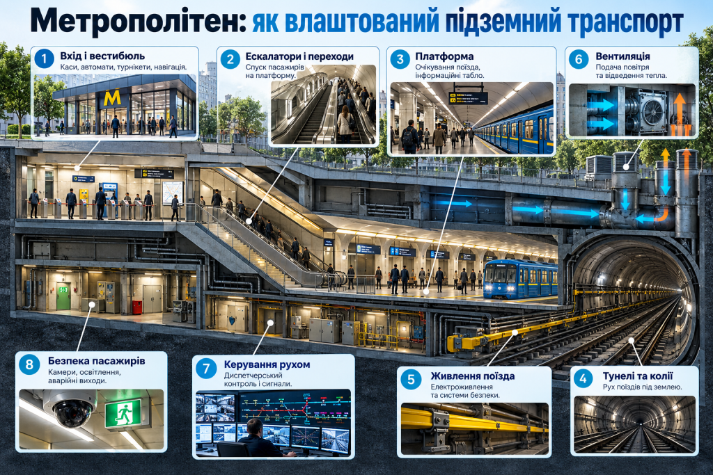 Детальна інфографіка будови метрополітену: вхід і вестибюль, ескалатори, платформа, тунелі, залізничні колії, електроживлення, вентиляція та системи безпеки.